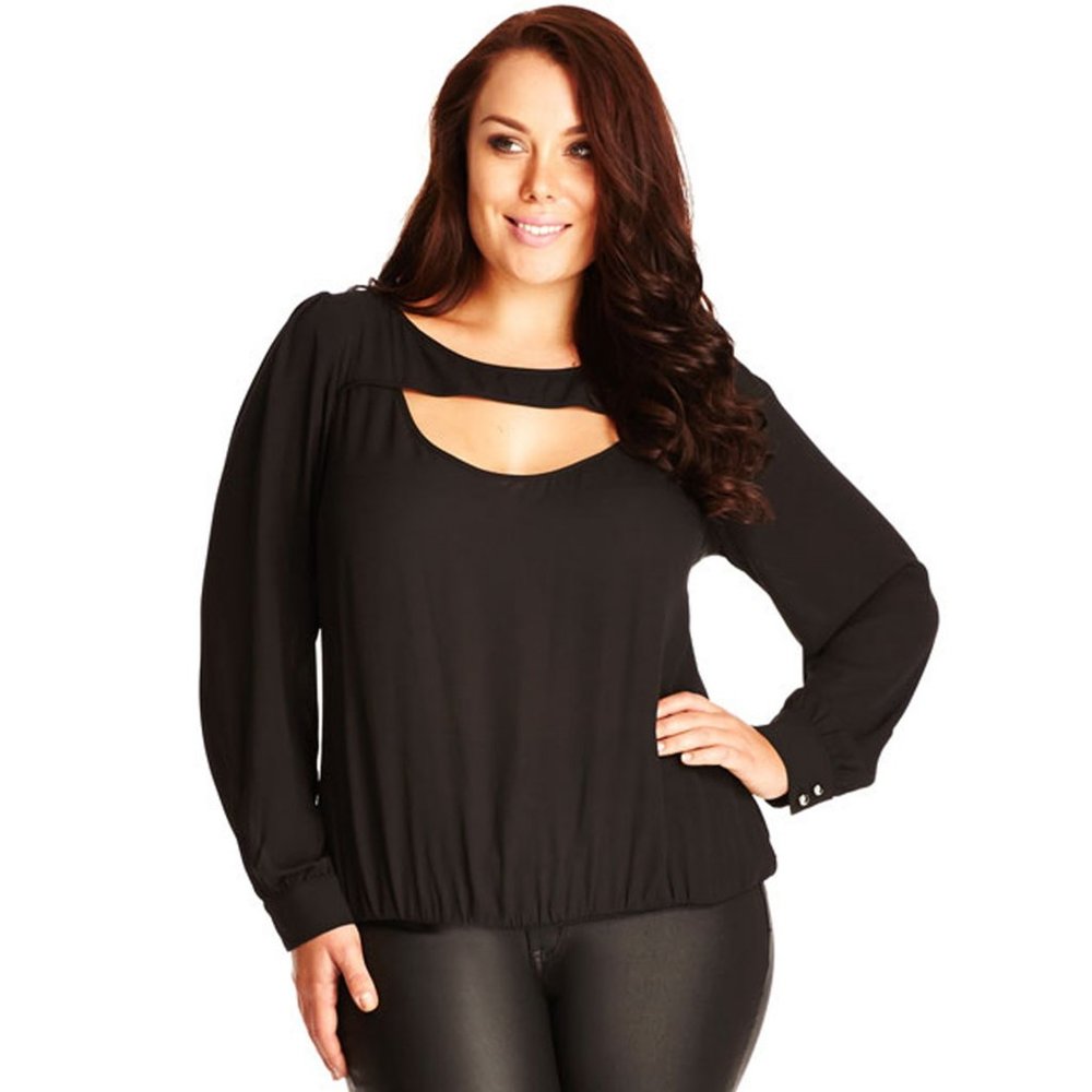 NWT Womens Plus Size 24W City Chic Black Long-Sleeve Sexy Peekaboo Cutout Blouse